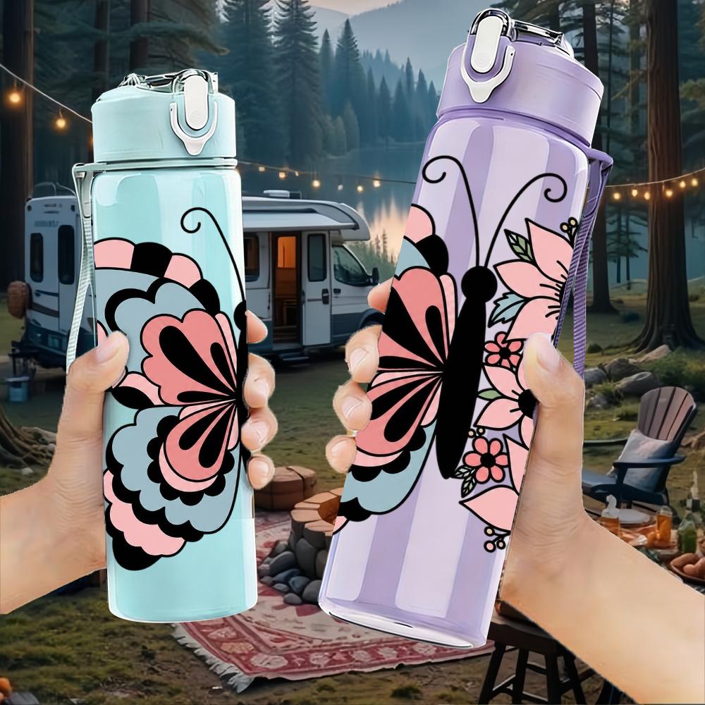 1PC Pink Daisy Border Butterfly 750ml Color Plastic Sports Water Bottle Leakproof Flip Straw Lid Suitable for Sports Office Home Use
