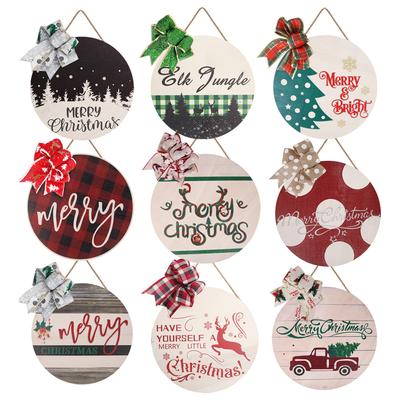 Christmas Wooden Door Plate With Ornaments Hanging Holiday Merry Christmas Round Doorplate Wall Bow Party Pendant Decoration