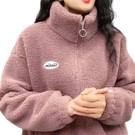 Spring Winter Women Jacket Stand Collar Fleece Zipper Closure Jacket Long Sleeve Solid Color Cardigan Keep Warm Sport Outerwear with Pockets