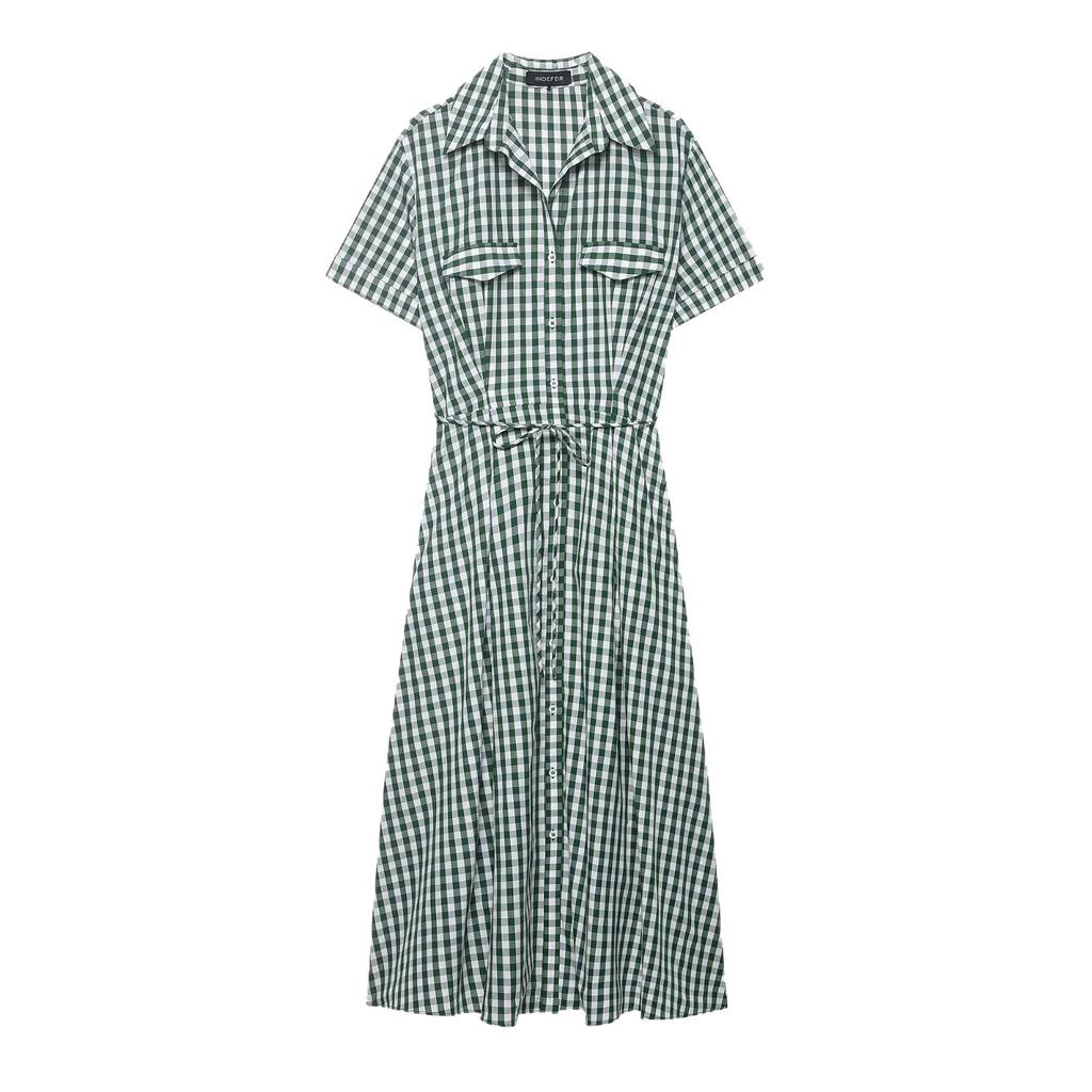 Spring New Retro Coffee Plaid Elegant Temperament Style Slim Lapel Short-sleeved Dress