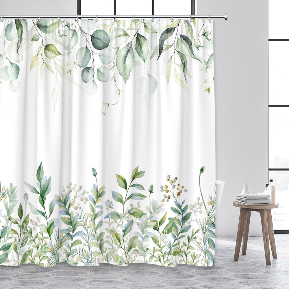 Green Eucalyptus Leaves Shower Curtain Watercolour Floral Butterfly Tropical Plant Leaf Polyester Fabric Decor Bathroom Curtains