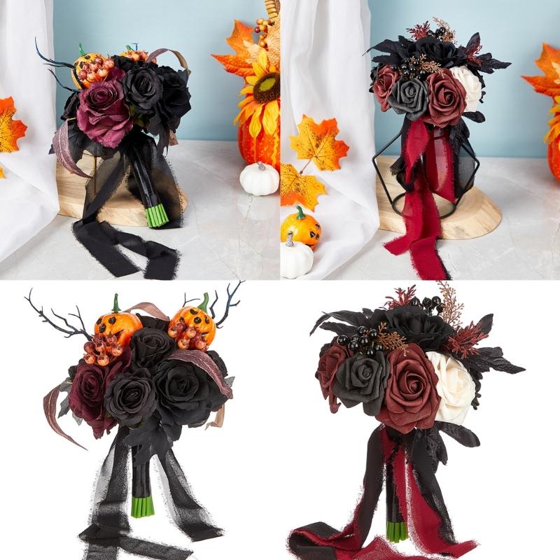 Bridal Bouquets Black Wedding Bouquets with Ribbon for Bridal, Bridesmaids, Anniversary, Wedding, Photography Props