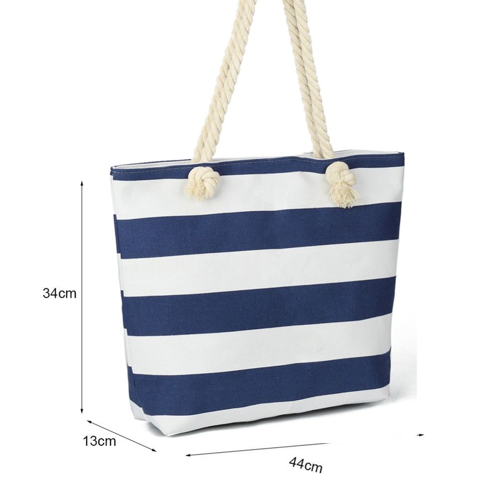 Striped Beach Tote Bag Canvas Foldable Shoulder Bag Zipper Large Capacity Travel Handbag For Travel Work Beach Gym Store