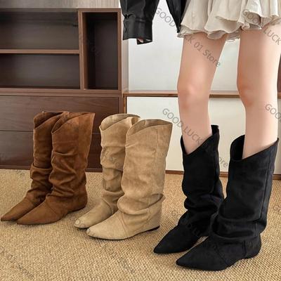 Mode 2025 Wintermode Plissierte Damen Kniehohe Stiefel Spitzschuh Interne Erhöhungsschuhe Streetstyle Modern Lange Botas Mujer