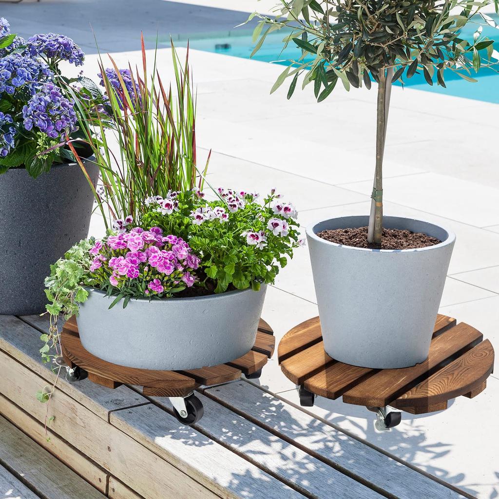 Yangbaga Flower Pot Stand Set of 2 Flower Movable Round Wooden Flower Pot Trolley with Lockable Casters for Flower Succulent Garden Pots, Saucers,