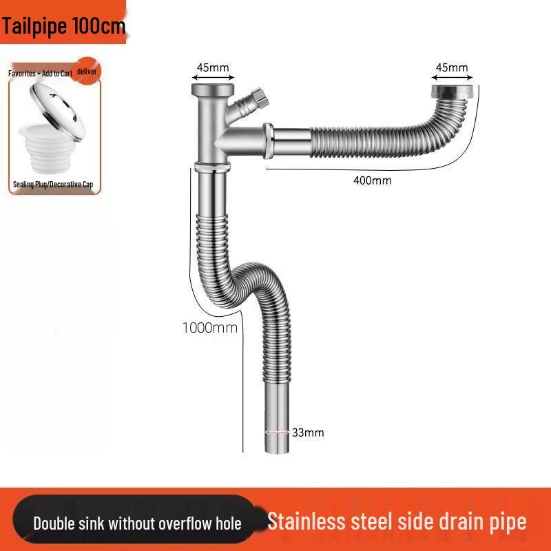 Stainless Steel Kitchen Sink Drain Pipe Set with Anti-Odor Features for Single or Double Sinks and Dishwasher Integration