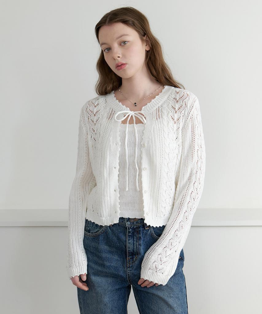 CLUNY [Set] Daisy Leaf Scallop Knit Cardigan - Butter