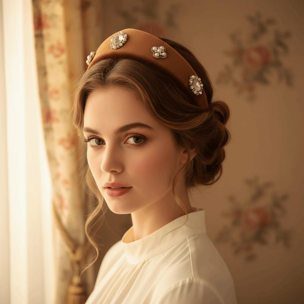 British Crown Hair Hoop Baroque Rhinestone Pearls Hairband Retro Velvet Triangle Headband Banquet