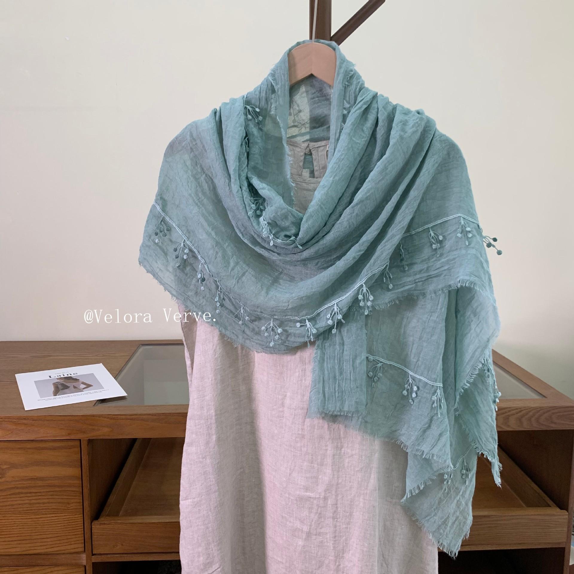 Niche desert salt lake silk scarf solid color sunshade shawl gauze cotton and linen long solid color lace splicing vacation headscarf 63-186
