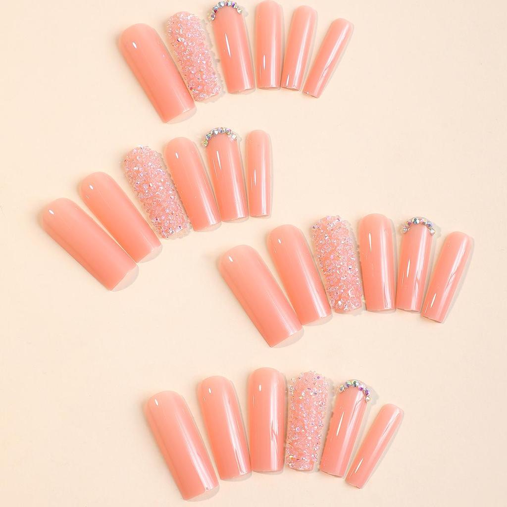 European & American Extra Long Wearable Rhinestone Nail Patches - Rectangular False Nails with Crushed Diamonds.