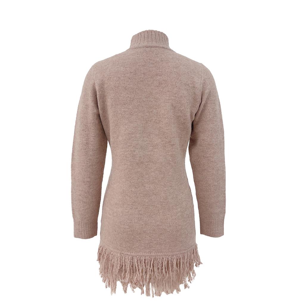 Women's Fringed Fashionable Knitted Sweater High-neck Sweater Dress