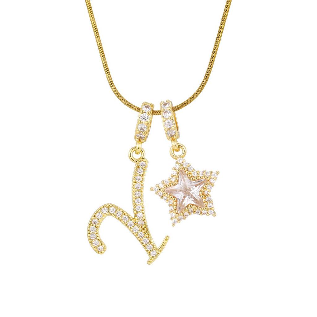 18K Gold Plated Copper Necklace with Zirconium Pentagram & Letter Pendant for Women