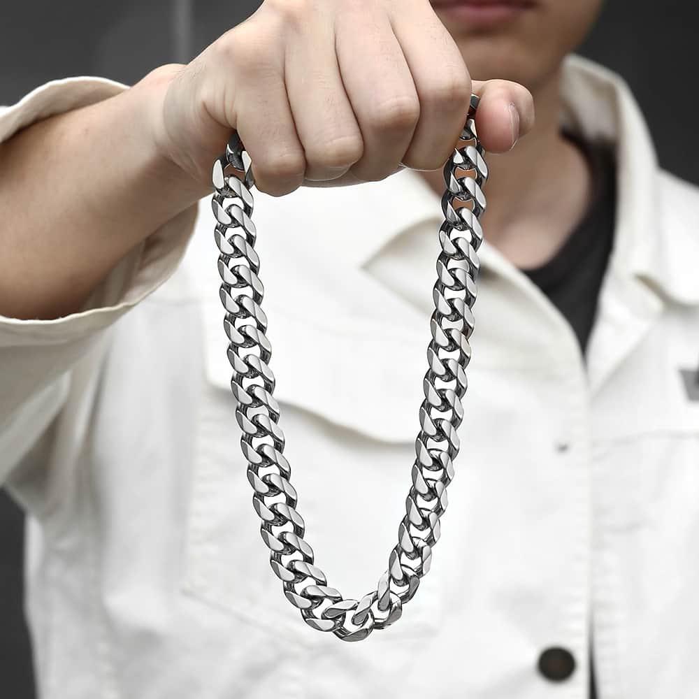 2022 Men's European & American Titanium Steel Frosted Cuban Chain Necklace with Hexagonal Flat Buckle