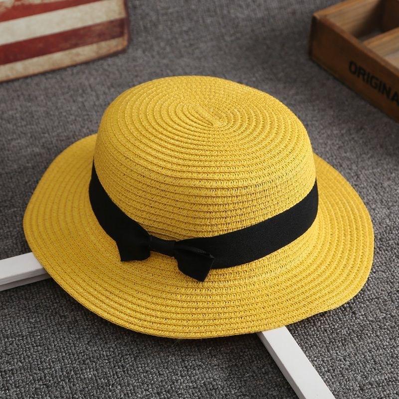 Women's Flat Top Vacation Straw Hat Solid Color Wide Bow Bow Hat Sunscreen Beach Hat