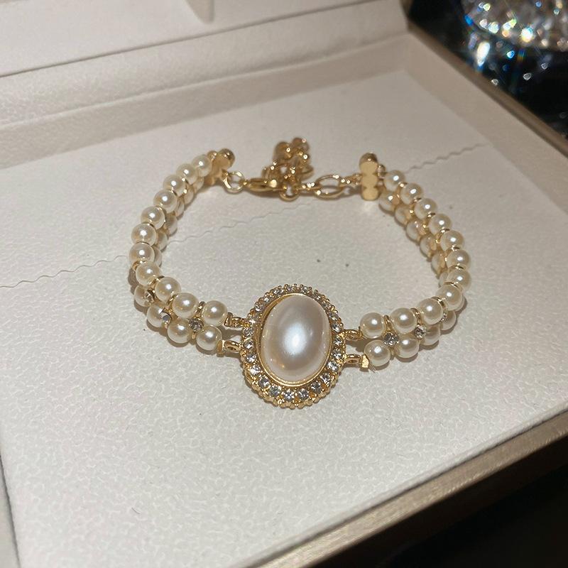 Korean Zircon Pearl Fishtail Double-layer Bracelet Personality Creative Design Sense Bracelet Fashion Temperament Versatile Jewelry Women
