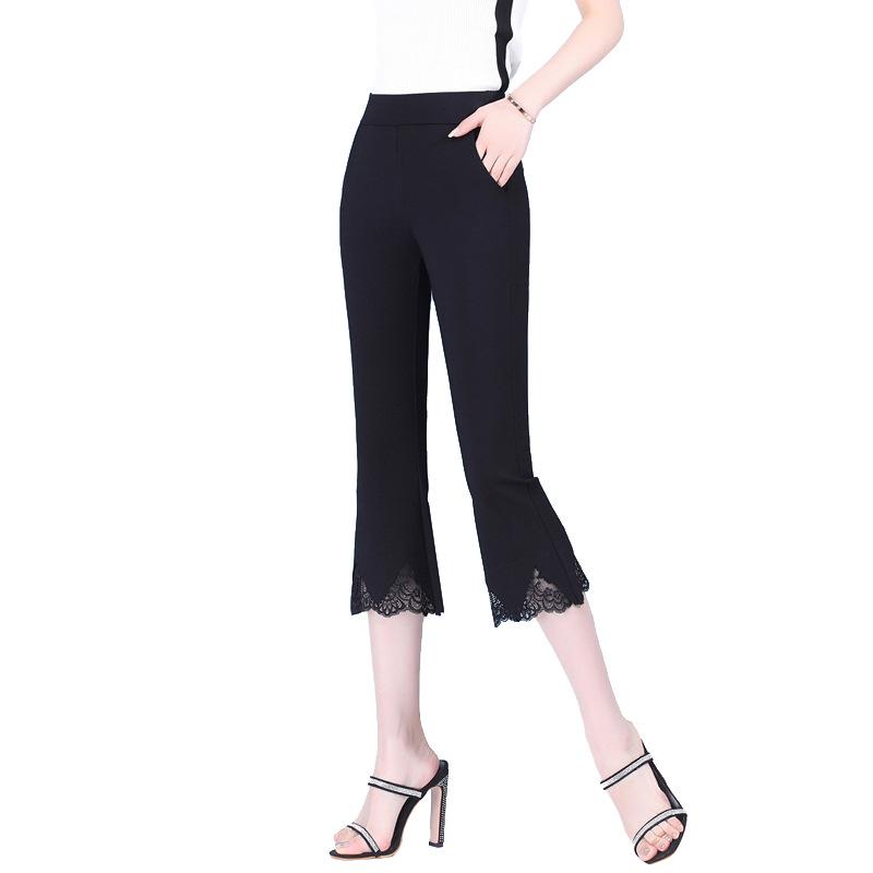 Women's High Waist Lace Flare Pants - White, Elastic, Plus Size, Slimming, Casual, Thin, Seven-Point Length, Summer Style