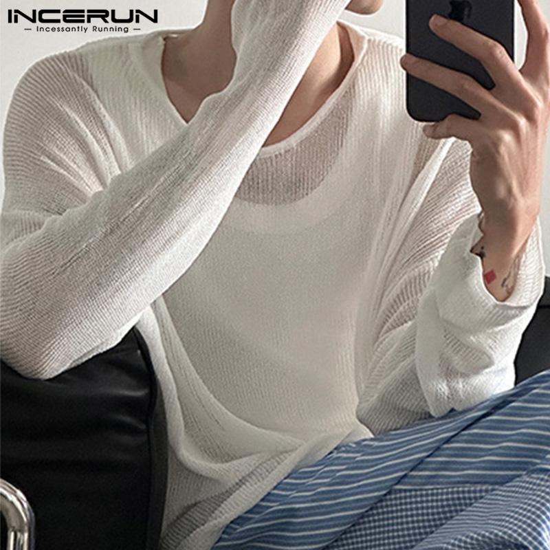 INCERUN Bărbați de primăvară cu mânecă lungă Topuri goale Casual See Through Pulovere tricotate