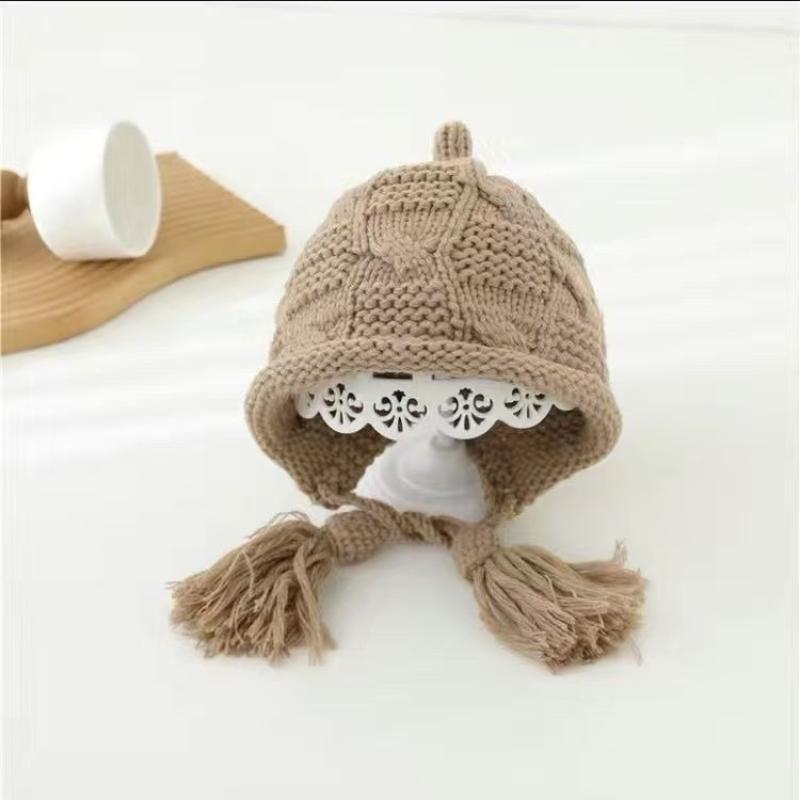 Autumn And Winter Windproof Knitted Wool Hat Tassel Lace-Up Design Pullover Hat Warm Headgear For Children Hooded Hat хаки