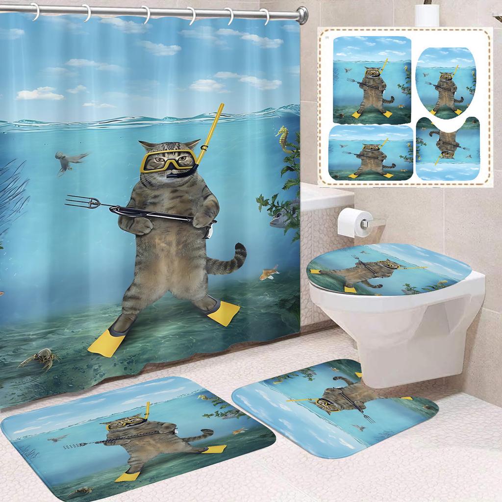 31Style 4Pcs Funny Shower Curtains Bathroom Curtain With Hooks Decor Waterproof Cat Dog 3d Bath 180*180cm Creative Personality Shower Curtain