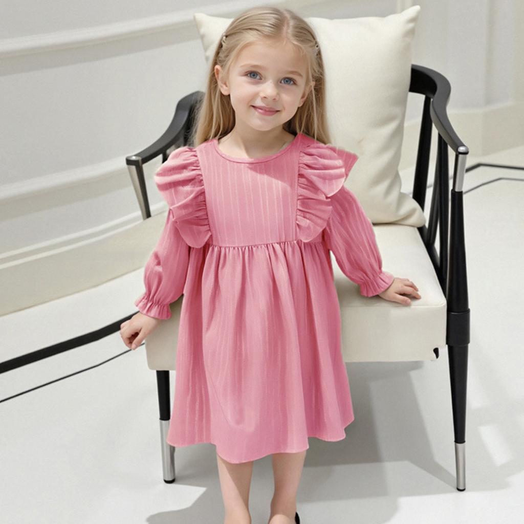 Girls' Fashion Cute Solid-Color Lace Flutter-Sleeve Princess Tiered Dress