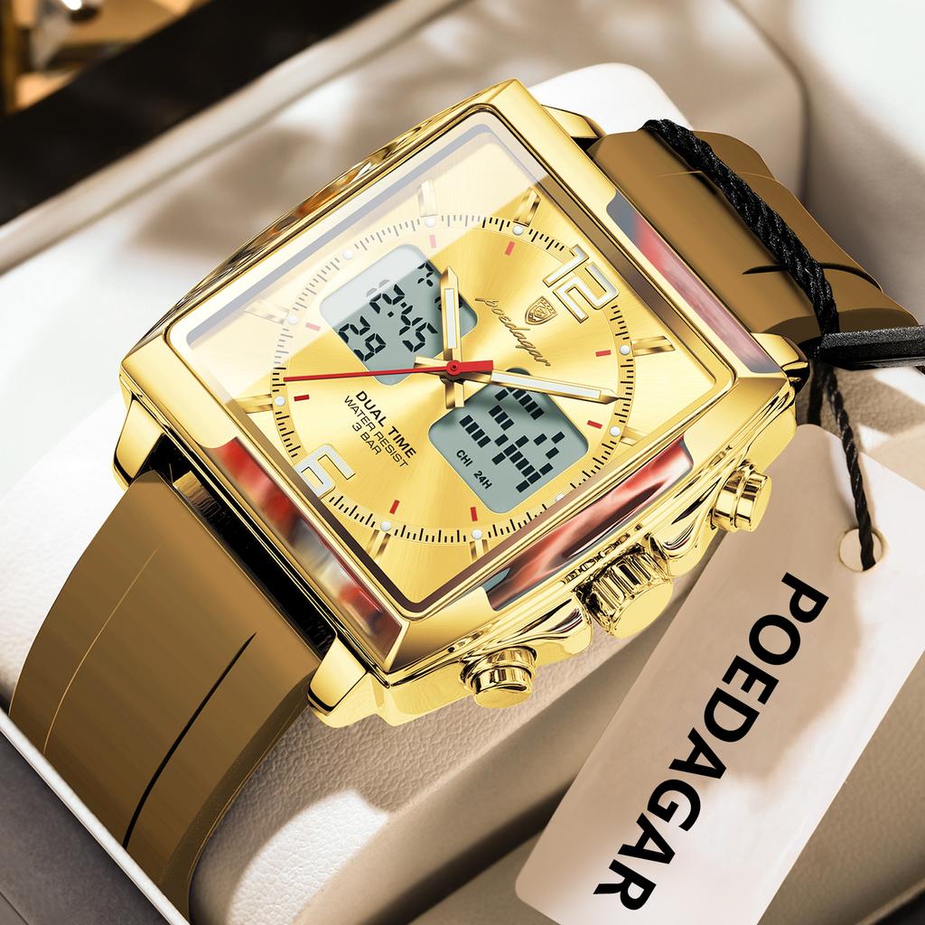 POEDAGAR Luxury Top Man Watch Electronic Square LED Alarm Chronograph Watches Week Date Dual Time Display Quartz Clock