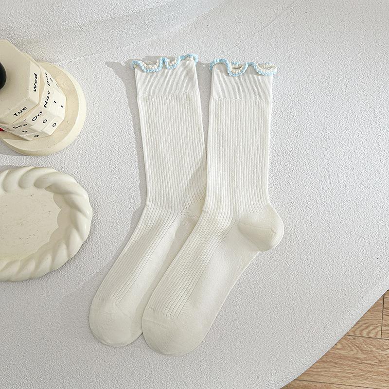 White Fungus Edge Socks Ballet Summer Thin Legs Breathable Contrasting Colors Lace Princess Wind Stacked Medium Tube Socks Thin