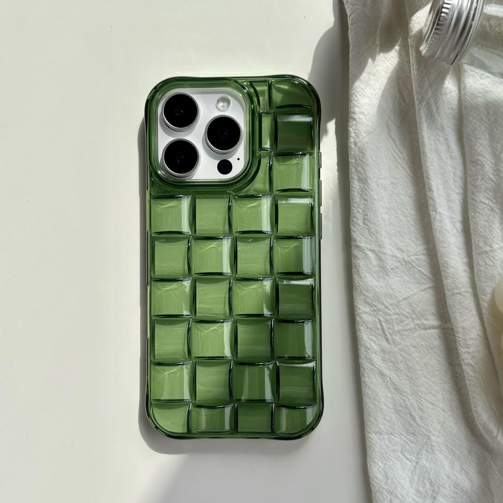 Stereoscopic Green Woven Plaid Convexity Soft Transparent Cube Pattern Cover Phone Case for IPhone 11 12 13 14 15 16 17 Pro Max