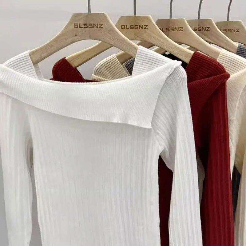 Khaki Slash Neck Pullover Schlank Hotsweet frauen Stricken Pullover Dünne Bodenbildung Shirt Solide Büro Dame Neue Mode Frühling Herbst