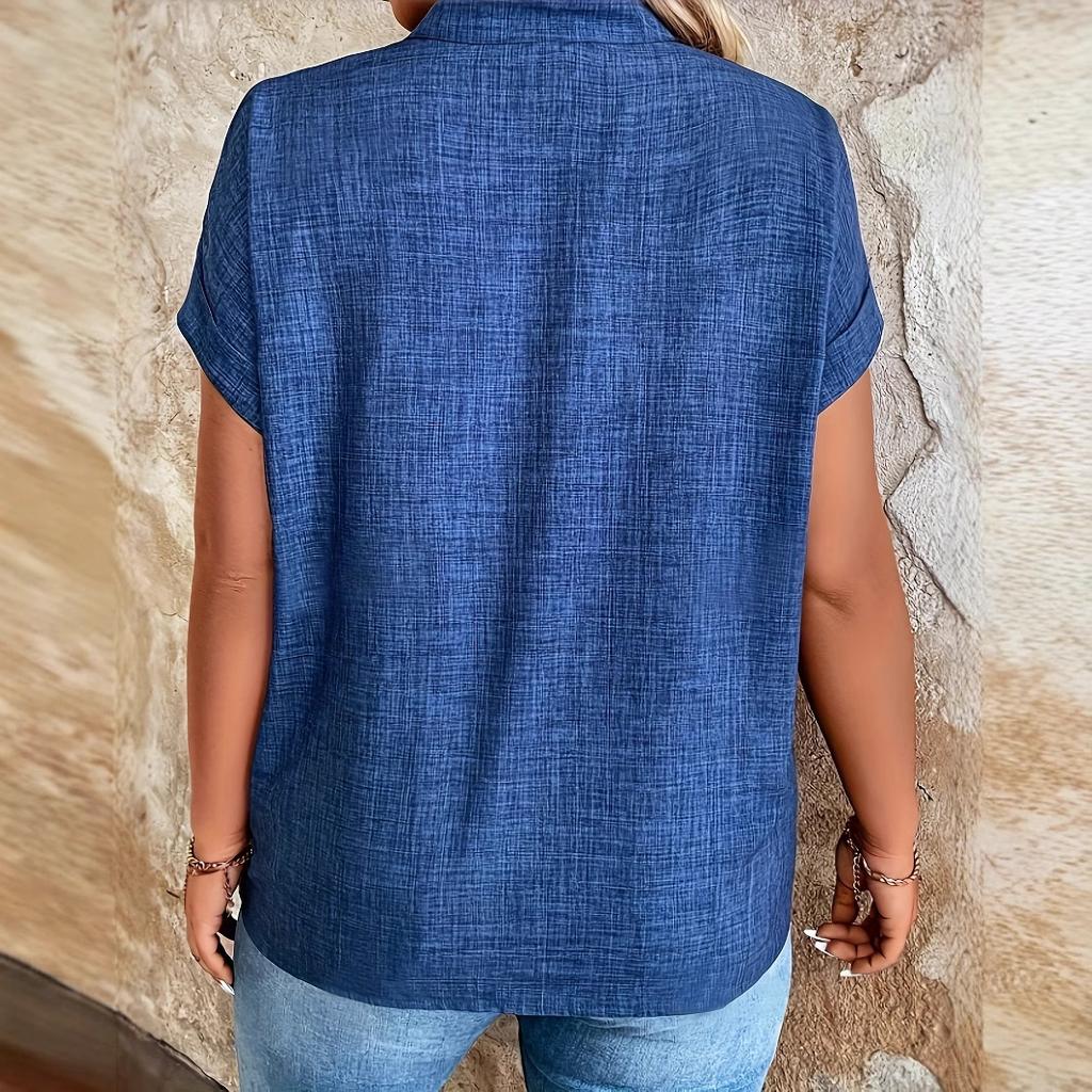 Solid Color Notched V-neck Bat Sleeve Blouse Shirt