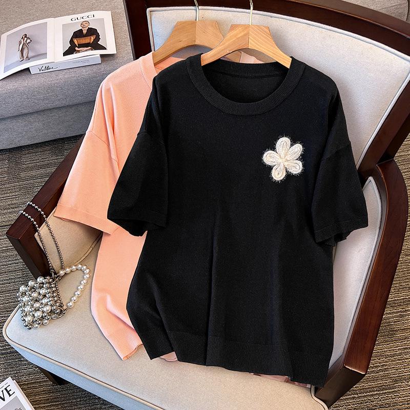 

Plus Size Women s Summer Ice Silk Knit Top - Slimming Short Sleeve T-shirt 2XL рожевий