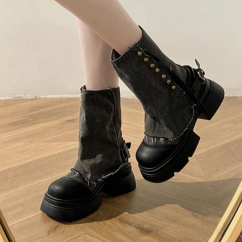 Martin boots women's autumn and winter new medium tube British thick sole inner height increase sweet cool trousers western cowboy short boots