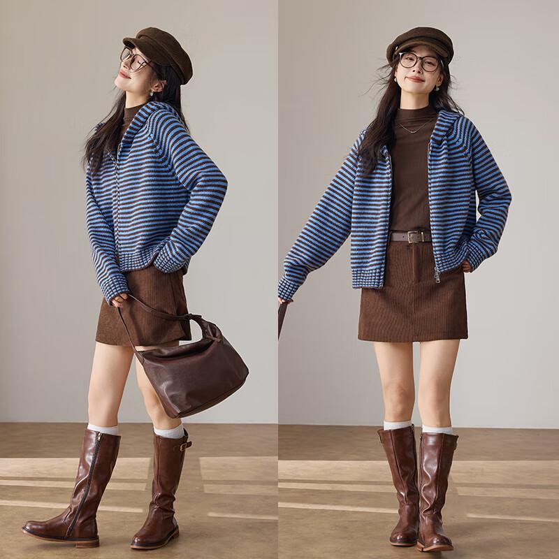 VICTORIA&VERA Women's Striped Hooded Zip-Up Knit Cardigan