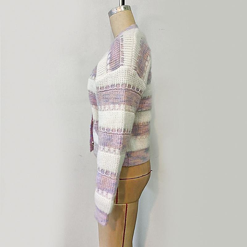 Autumn and Winter Women's Cardigan Solid Color Striped Splicing V-neck Knitted Sweater Jacket