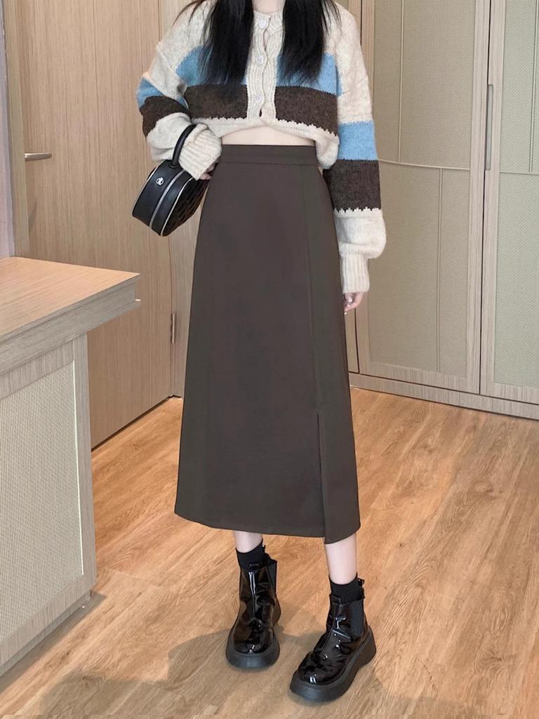 High Waist A-Line Women's Midi Skirt with Slit - 2024 Spring Korean Fashion