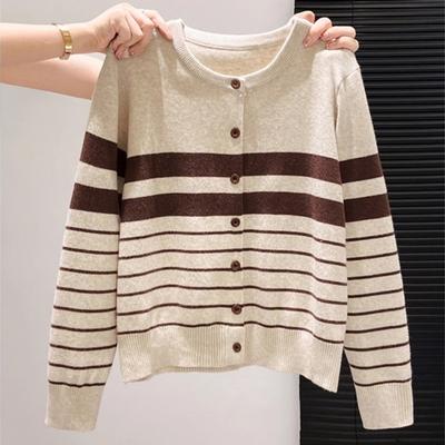 Core-spun Yarn Washing Water, Contrasting Color Striped Crew Neck Knitted Cardigan Women's Autumn and Winter New Loose Sweater Lazy Coat