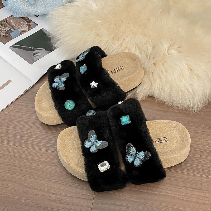 

2025 autumn and winter new Mao Mao thick bottom comfortable Internet celebrity color butterfly fashion versatile Mao Mao slippers 40 чёрный