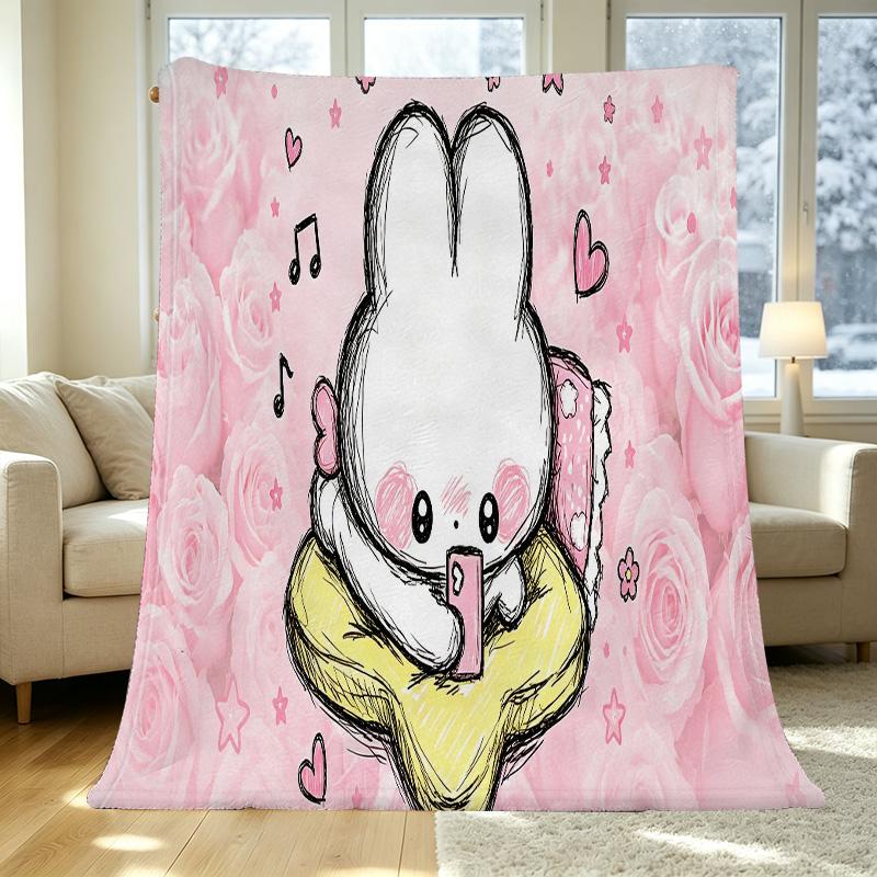 Cartoon Rabbits Thick Warm Flannel Blanket - Soft Plush for Home, Halloween & Christmas Cozy Decor