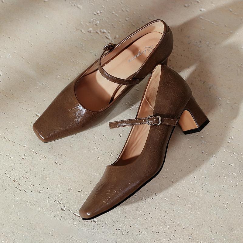 

Мэри Джейн туфли на высоком толстом каблуке новая обувь большого размера для женщин черные темпераментные туфли-лодочки с квадратным носком 42 коричневый