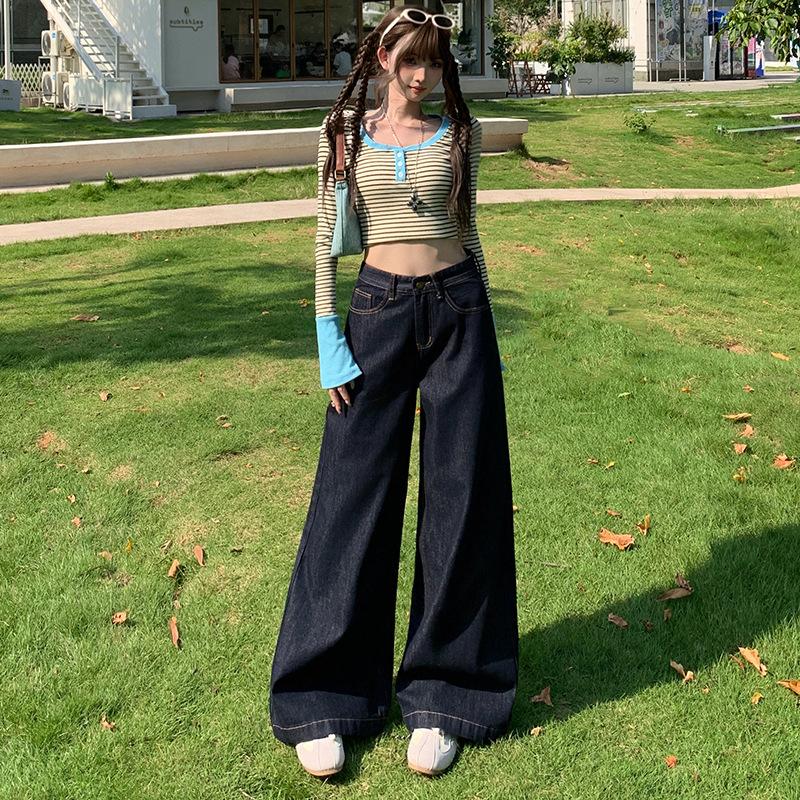 Dark blue American loose wide-leg pants pocket design primary color jeans women's new retro straight casual trousers