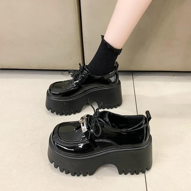Fashion 8CM Lolita Shoes Women Mary Jane Lace Up Loafers Girls Students Uniform High Heels Platform Office Shoes Cosplay Female Shoes