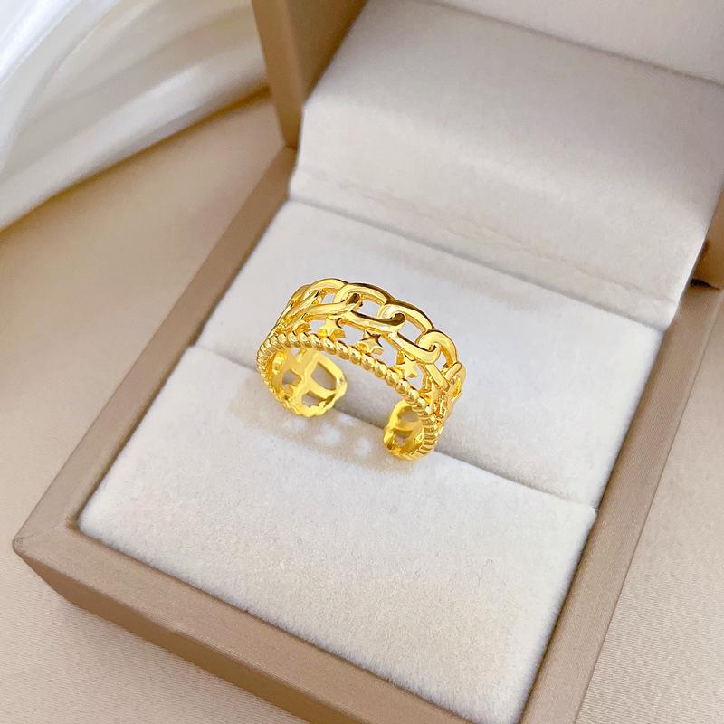 Real Gold Minimalist Chain Ring Opening Adjustable Simple Jewelry Japanese Ring Couple Ring