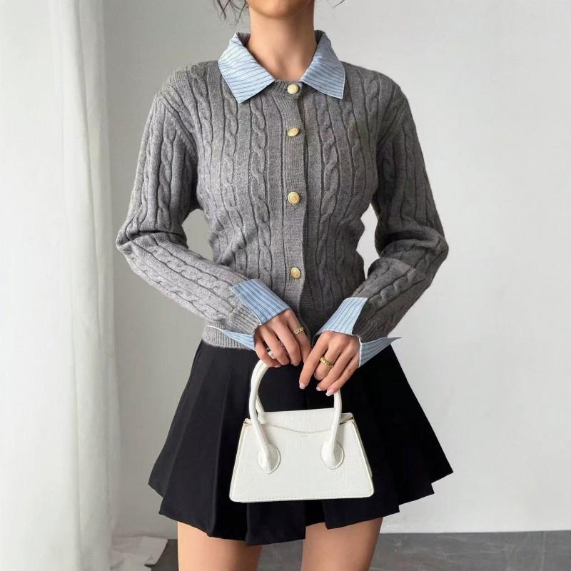 Womens College Style Cropped Knit Cardigan With Polo Collar Cable Embroidery Slim Fit Long Sleeve
