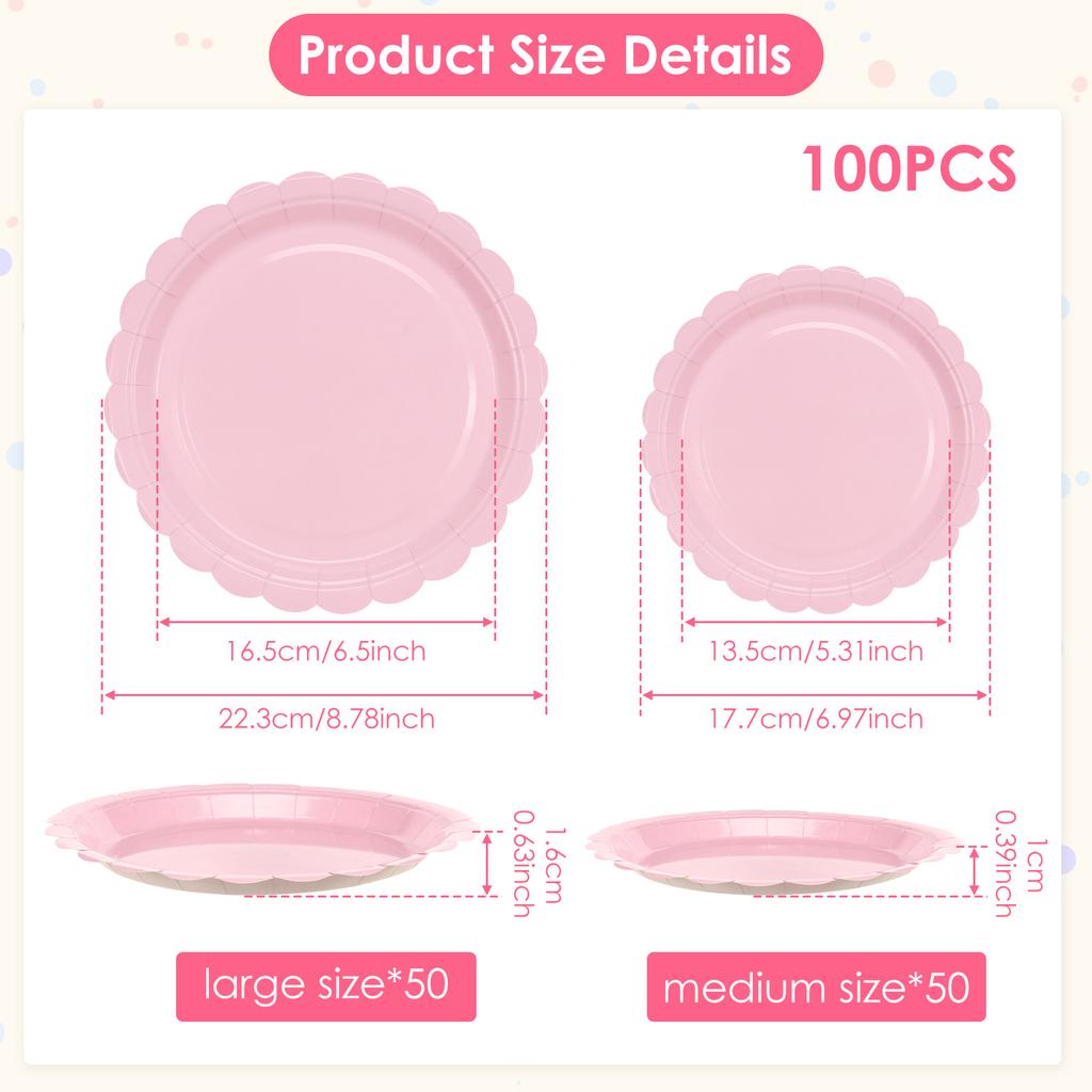 100Pcs Thickened Scalloped Paper Plate Set 7/8.8'' Decorative Scalloped Dinner Plate Disposable Dessert Plate for Wedding Party