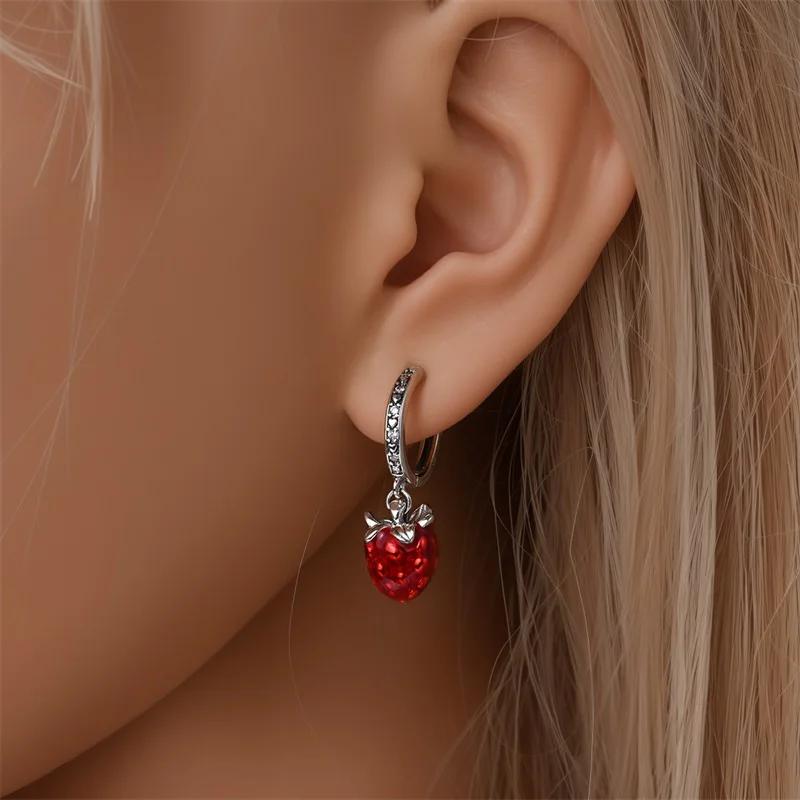 Original Earrings 925 Silver Fruit Series Cherry Strawberry Hoop Earrings Ear Studs Zircon Making Jewelry for Women Girl Party