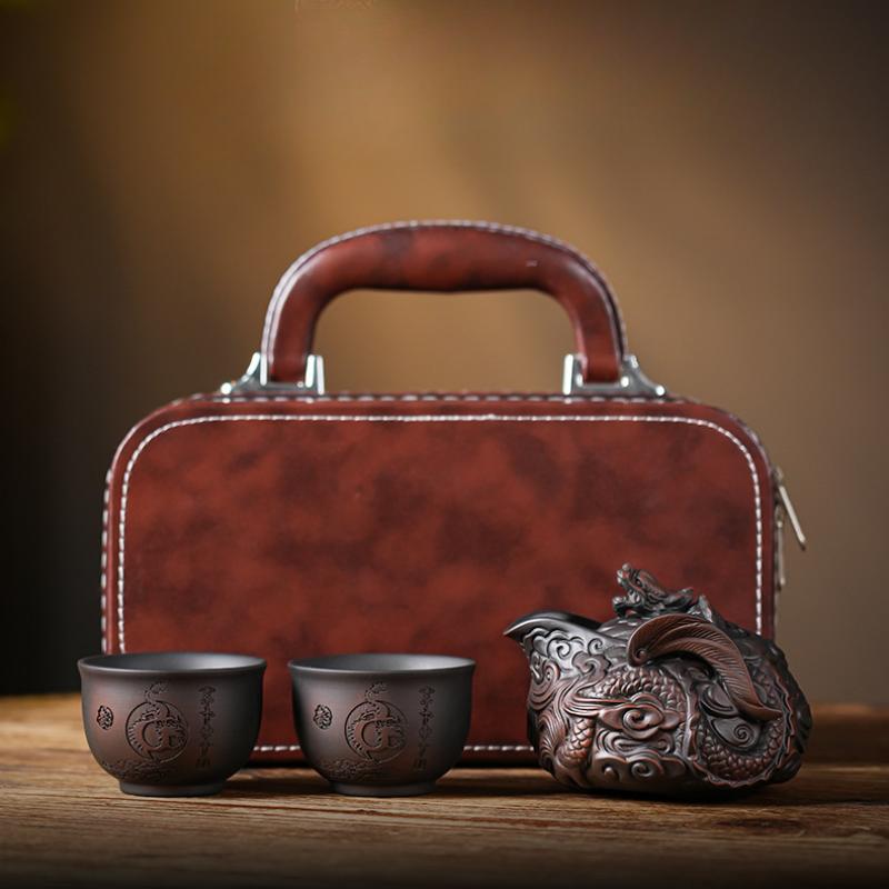 1 Set of Yunnan Purple Pottery Travel Tea Set Portable One Pot Two Cups Hand-held Tea Pot Outdoor Flying Dragon Kung Fu Tea Set