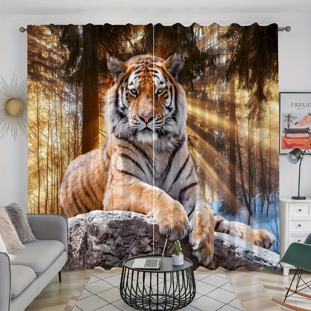 2pcs White Tiger Style Printed Curtain For Home Decor Rod Pocket Window Treatment For Bedroom Office Kitchen Living Room Study