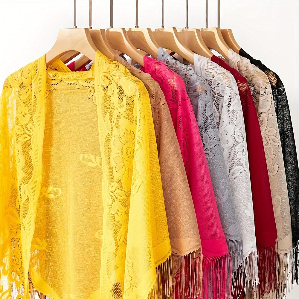 Solid Color Lace Shawl Hollow Out Long Tassel Triangle Scarf Bridesmaid Wedding Party Wrap Long Beach Towel For Women