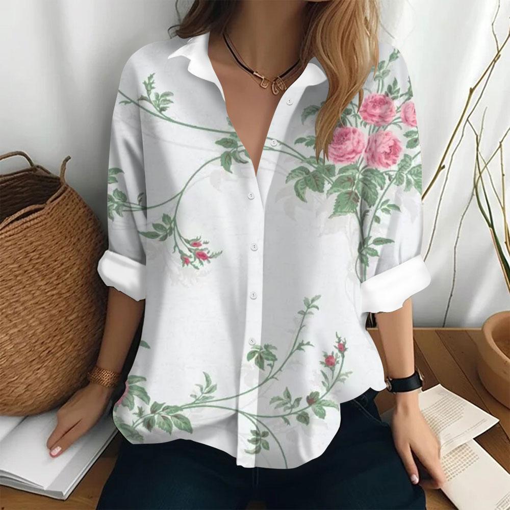 Women's Fashion Shirt Bottom Casual T-shirt Loose Lapel Top Long Sleeved Button Printed Clothing Party Elegant Women's Shirt