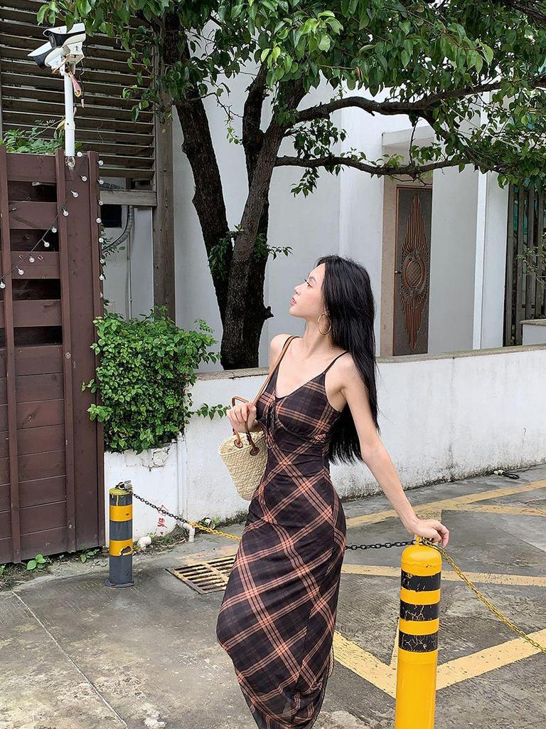 French Lattice Strap Dress: Slimming, Waist-Cinched Retro Summer Beach Dress for Pear-Shaped Women