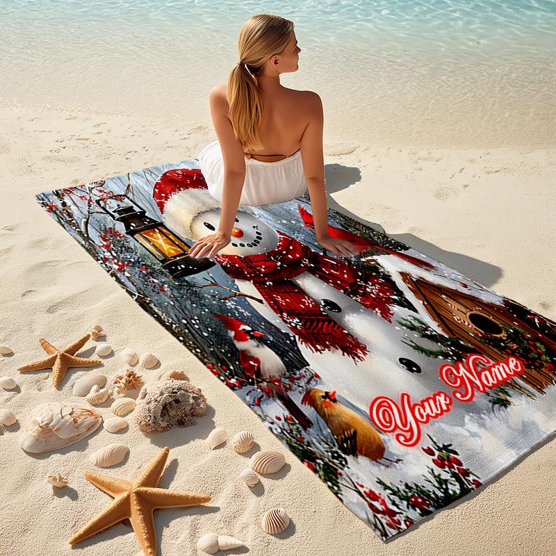 1PC Custom Name Winter Wonderland Snowman Beach Towel Highly Absorbent And Sand-Resistant Towel for Swimming, Pool, Yoga, And Travel Lightweight